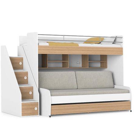 Opklap stapelbed 3 personen - Icon -houtlook - met bank grijs