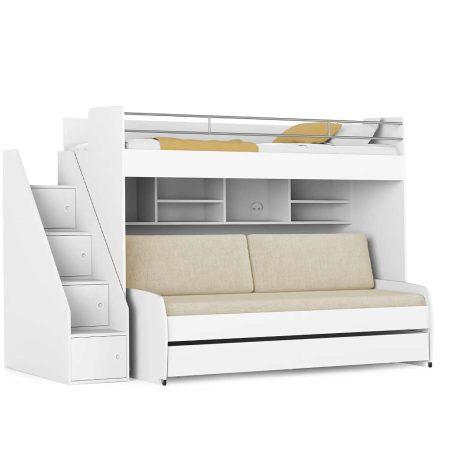 Opklap stapelbed 3 personen - Icon - Houtlook met bank Crème